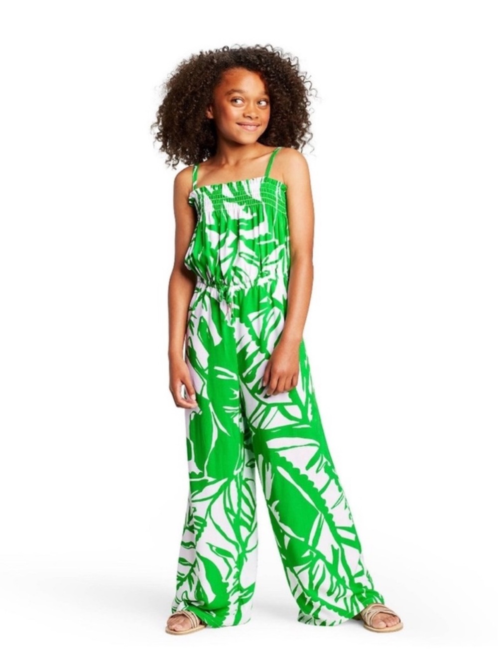 Lilly Pulitzer for Target Girls Green and White Tropical-Print Wide-Leg Jumpsuit